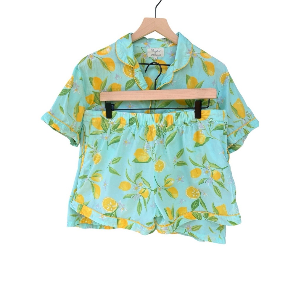 Crafted by Mahogany Lemon Print Cotton Pajama Short Set L Blue Summer Fruit